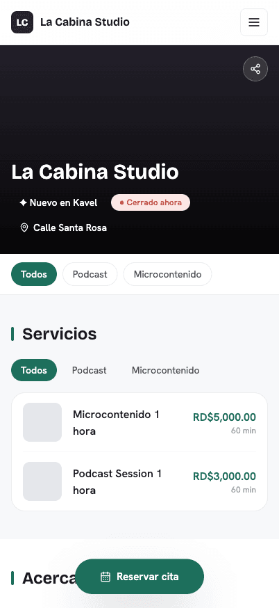 Página pública del negocio en Kavel